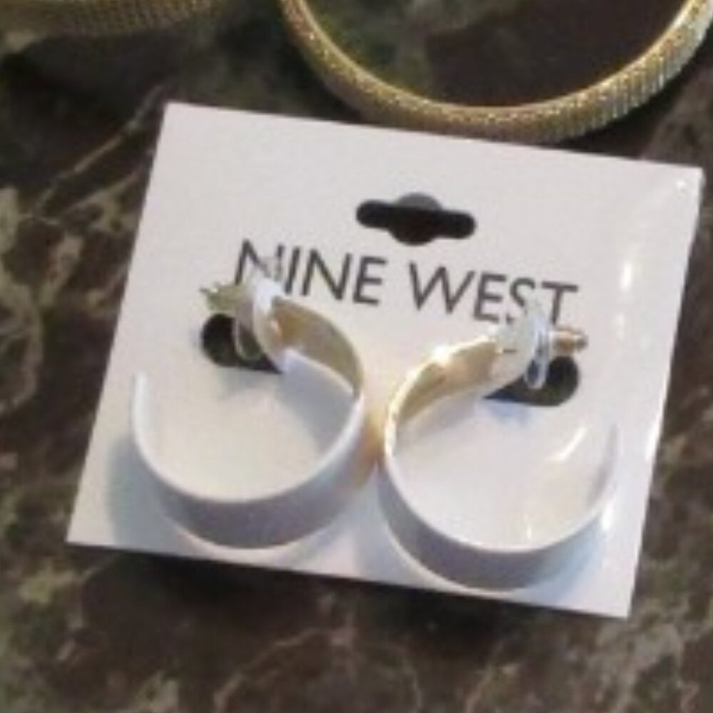 NINE WEST Retro 1980's Inspired Gold White Enamel Chunky Hoop Earrings**NEW!